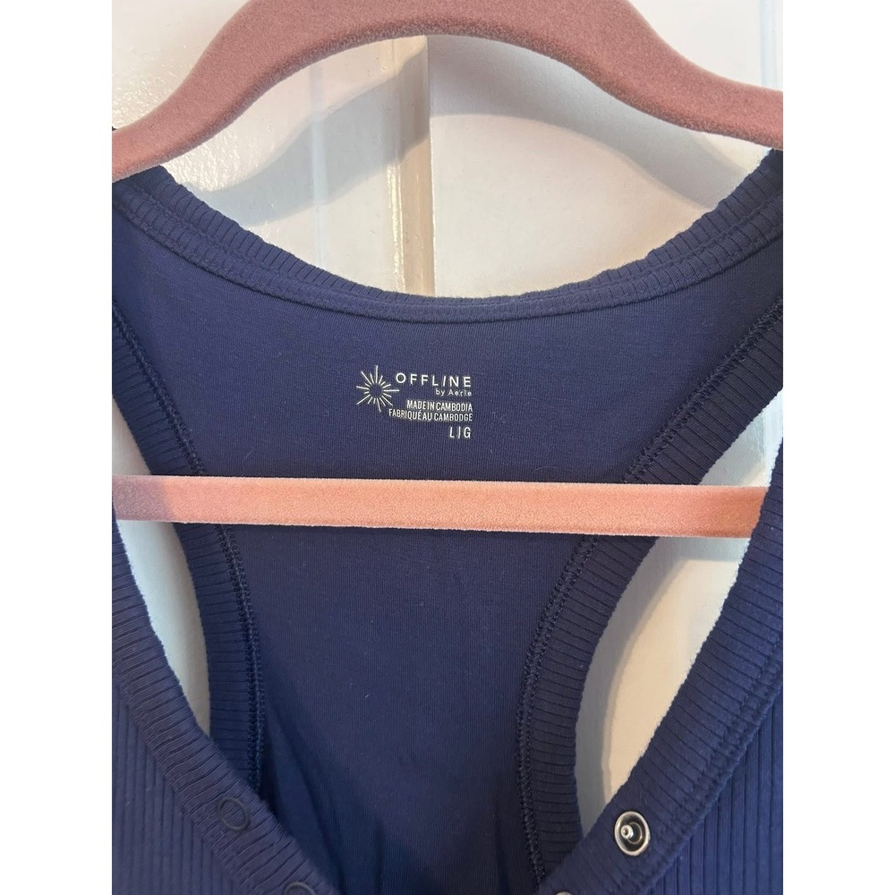 OFFLINE by Aerie Navy Blue Ribbed Henley Racerback Tank Top Shelf Bra Large - Picture 3 of 4